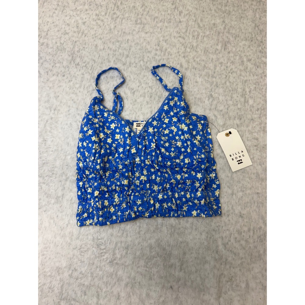Billabong May Knit Tank Blue Floral Smocked Crop Top XS BBGW25AP060